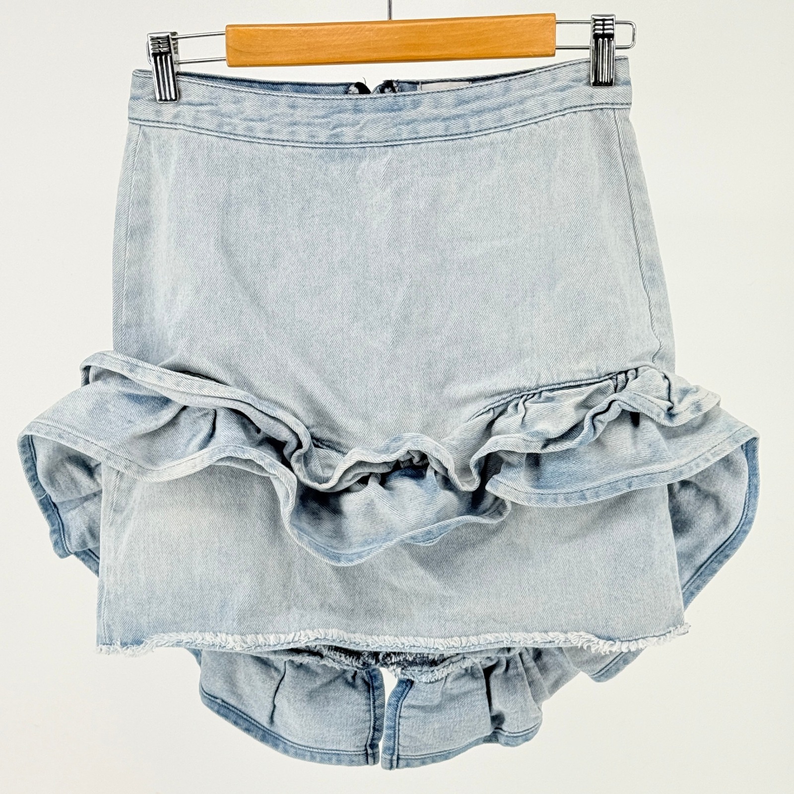 Denim Ruffle Mini Skirt Frayed Asymmetrical Hem Cowgirl Coquette Fairy Y2k Light